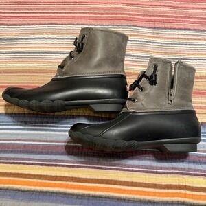 Sperry Saltwater Duck Boots Womens 9 Black Grey Leather Waterproof STS81732